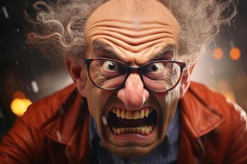 Angry old man with glasses and wild hair photo