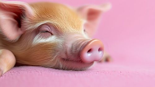 Sleeping piglet close-up on pink background shows tender snout and peaceful expression. Cute farm animal portrait captures innocence and tranquility of young domestic pig.
