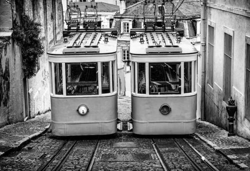 Old trams in Lisbon, detail of an old city transport, ancient art, tourism in the city - Photo, Image