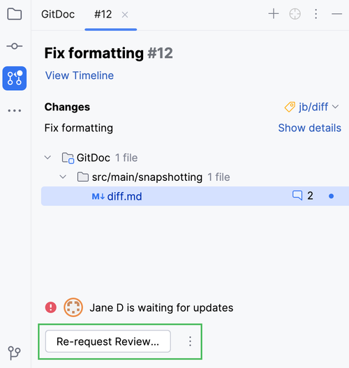 Pull requests tool window with an option to re-request review