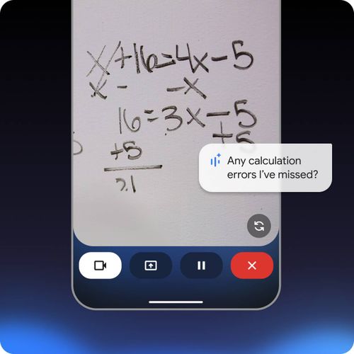Gemini Live UI showing photo taken of a whiteboard with math equations on it. Floating prompt to check for errors.