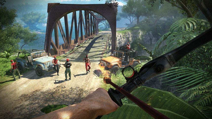 Far Cry 3 pirates, Flaming arrow bow, Jungle bridge ambush, Enemy jeeps, Full HD Desktop wallpaper