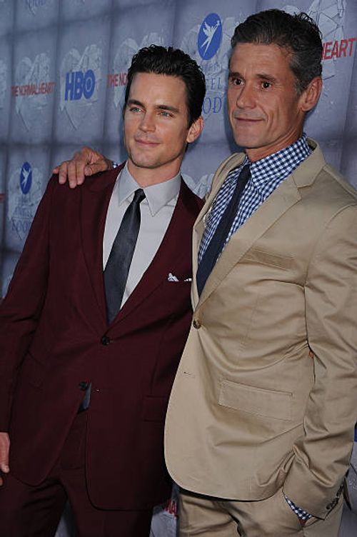 Actor Matt Bomer and Simon Halls arrive at the premiere of "The Normal Heart" held at the WGA Theater in Beverly Hills.