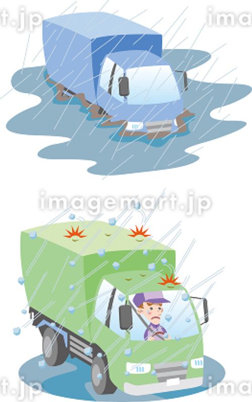 交通安全＜水害時の車・水没・雹や霰（トラック）＞ トラックドライバー,トレーラー,軽トラックのイラスト素材