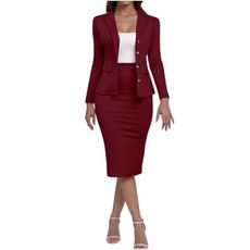 ZEFOTIM Women's Jackets Red Blazer for Woman Formal Deep Interview Long Sleeve Petite Pink Suit Church Two Piece Cute Guest 2 Piece Skirt Set Womens Skirt Suit Deep Red XL