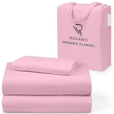 RUVANTI Flannel Sheets Twin XL Size - GOTS Certified 100% Organic Cotton, 3 Piece Warm, Soft & Breathable Set, Deep Pocket Snug Fit, Double Brushed Cozy All Season Bedding, Soft Pink