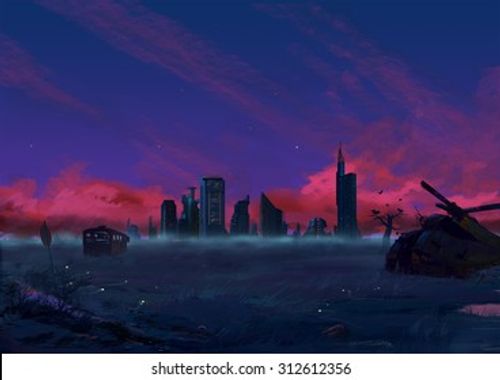 Illustration: The desolate outskirt of the City - removed man and dog. Realistic Cartoon Style. Sci-Fi Scene / Wallpaper / Background Design.