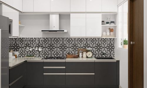 Black and white geometric kitchen wall tile backsplash for a modern kitchen
