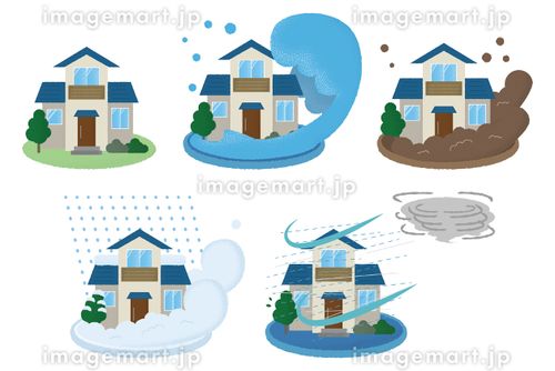 災害に遭う住宅のベクターイラストセット　水害・土砂災害・雪崩・台風 住宅ローン,地震保険,損害保険のイラスト素材
