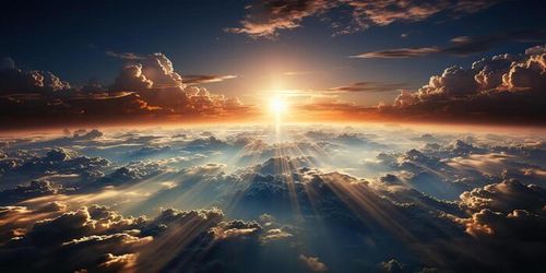 . . Air drone aerial view cloudscape landscape nature outdoor fly from above earth clouds sun sunbeams. Graphic Art photo