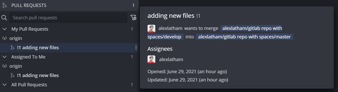 GitLab tooltip in GitKraken Desktop showing pull request details including branches, author, assignee, and timestamps