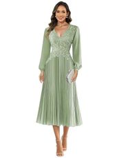 IHUADE Long Sleeve Mother of The Bride Dresses Sage Green for Wedding A-line V Neck Pleated Chiffon Midi Evening Party Dress Size 8