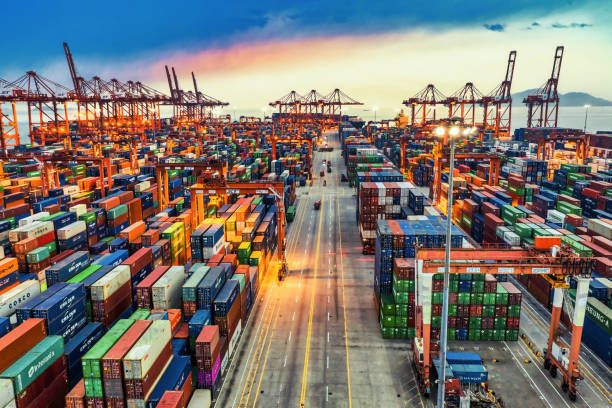 A modern, busy shipping harbor