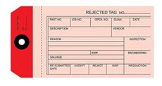 100 Pack Rejected Tag, 2 Part Manifold Inspection Tag, Red Size # 6 5-1/4" x 2-5/8"