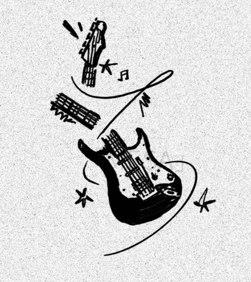 a drawing of an electric guitar with notes coming out of it