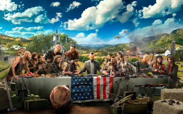 HD desktop wallpaper featuring a scene from Far Cry 5, showcasing characters gathered around a table in a rural setting with an American flag banner, mountains, and a church in the background.