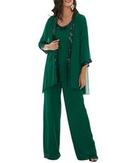 Long Sleeve Hunter Green Formal Pant Suits for Wedding with Jacket Chiffon 3 Pcs Mother of The Bride Pant Suit for Women 06