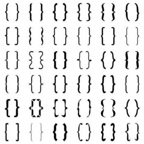 Set of different opening and closing curly braces signs, squiggle left and right text brackets symbols, parentheses, vector illustration.