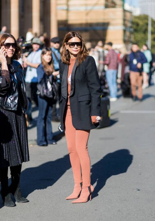 Christine Centenera wearing navy blazer, red brown knit and pants outside Ginger & Smart at day 4 during Mercedes-Benz Fashion Week Resort 18...