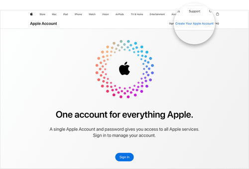 Web screen showing the link for Create your Apple Account