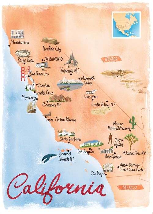 an illustrated map of the state of california with all its major cities and towns on it