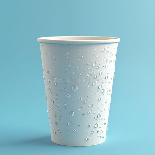 An image of a white Styrofoam cup with water droplets on a blue background. Styrofoam cup illustrations
