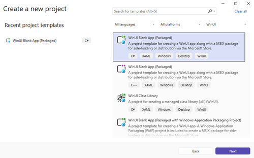 空白的、已打包的 WinUI C# 桌面应用