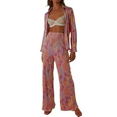 Women Pleated 2 Piece Lounge Set Button Down Cardigan Shirt Straight Wide Leg Pants Palazzo Outfits (H-Pink Print, Small)