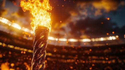 Close-up of a large flaming torch burning intensely with a blurred stadium crowd and lights in the background during twilight