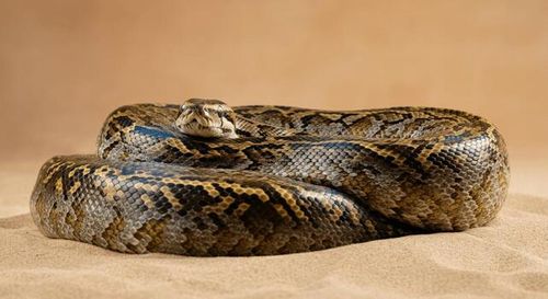Close-up of a coiled python snake on sand with subtle brown background for wildlife and nature enthusiasts photo