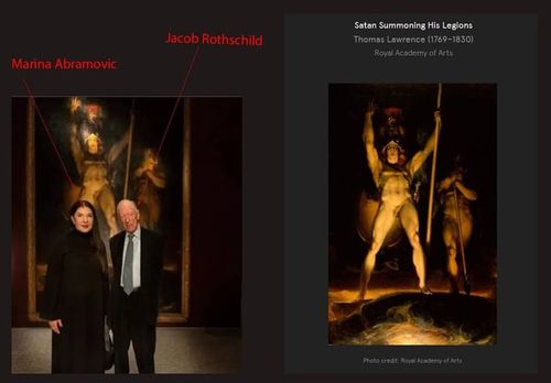r/conspiracy - Marina Abramovic with Jacob Rothschild Standing in Front of the Painting Entitled "Satan Summoning His Legions"