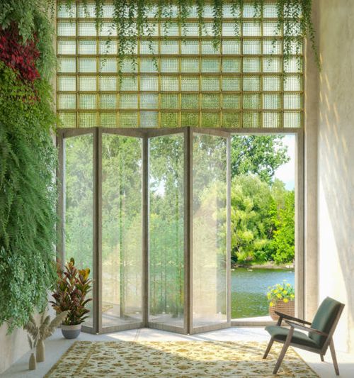 villa with vertical garden nearby the lake in summer - mid-century-modern-interior stock pictures, royalty-free photos & images