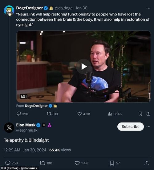 True to form, Musk announced the project's official name, 'Blindsight,' while replying to users of his social site X, first late this January (above) and then again this Wednesday - when Musk revealed that his visionary vision implant is already being tested on monkeys