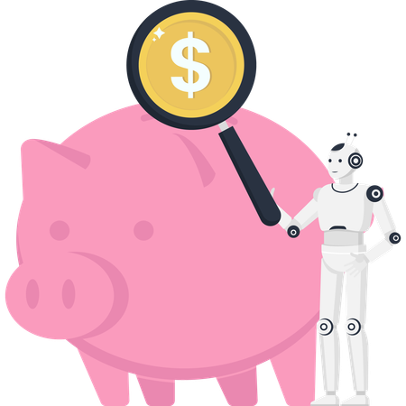 Fintech  with AI robot analyzing savings and investment in a piggy bank  Illustration