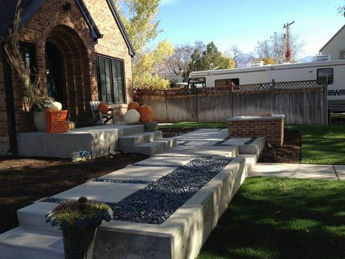 modern concrete, modern paver walkway, modern paver patio, modern concrete wall, architectural wall, concrete paver walk, concrete paver patio, paver patio, paver walkway, old house remodel, new concrete
