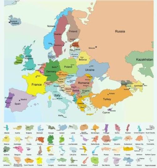 a map of europe with all the countries and their major cities on it's borders