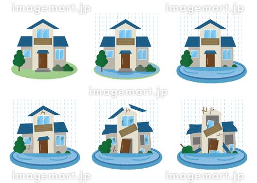 水害に遭う住宅のベクターイラストセット ゲリラ豪雨,住宅ローン,ダメージのイラスト素材