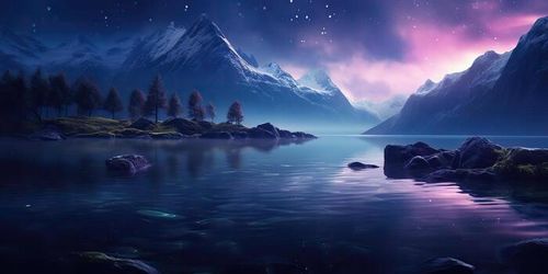 . . Outdoor nature landscape adventure vacation evening nigh lake with moutaine background. Graphic Art photo