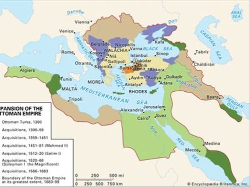 This map shows the territorial expansion of the Ottoman Empire from 1300 to its greatest extent in 1683-99, highlighting different periods under rulers such as Mehmed II, Selim I, and Süleyman the Magnificent, and marking key cities, seas, and geographical boundaries in Europe, North Africa, and the Middle East.