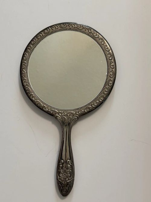 Antique Victorian Silver Plate Hand Mirror Art Nouveau Flowers 9.25" - Image 2 of 4