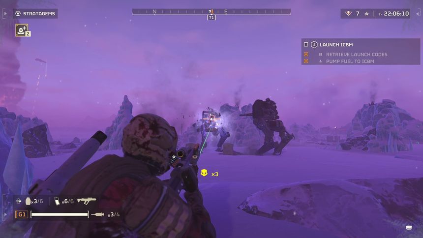 A helldiver opens fire on robot scout walkers on a snow planet