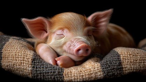 Sleepy piglet resting on a blanket, rich texture background Generative AI. Sleepy pig illustrations