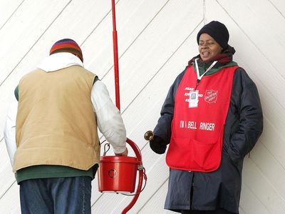 Donating to a Salvation Army red kettle