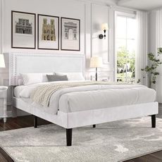 VECELO Queen Bed Frame with Adjustable Upholstered Headboard, Wooden Slats Platform, Noise-Free Design, Easy Assembly