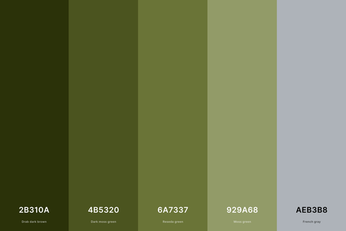 24. Army Green Color Palette Color Palette with Drab Dark Brown (Hex #2B310A) + Dark Moss Green (Hex #4B5320) + Reseda Green (Hex #6A7337) + Moss Green (Hex #929A68) + French Gray (Hex #AEB3B8) Color Palette with Hex Codes
