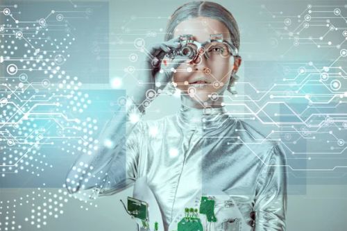 未来的银机器人调整眼假体 并查看数字数据隔离灰色 未来的技术概念 — 图库照片