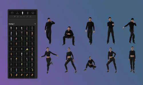 Pose library with ready-made poses applied to male and female 3D characters