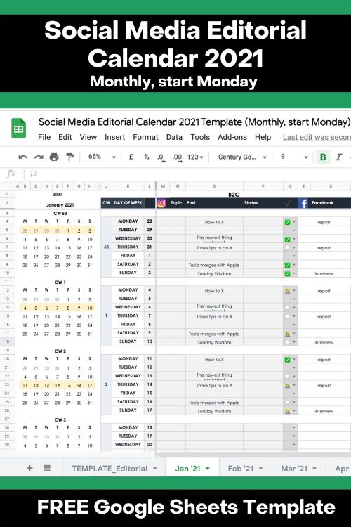 Google Sheets Social Media Editorial Calendar 2021 for Your Personal Brand or Small Business (Free… | Social media calendar template, Social media content calendar template, Social media calendar