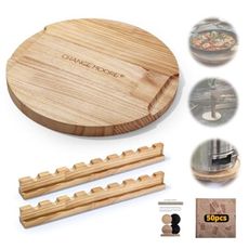 CHANGE MOORE 10.8in Tabletop Fire Pit Mat for Solo Stove Mesa, Small Stove Mesa XL, Contain 2Pcs Fork Holder, Heat Resistant Pine Wood Mat for Outdoor Fire Pit, Included 50Pcs Placemats