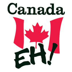 the canadian flag is in front of an e - h sign that says, canada eh
